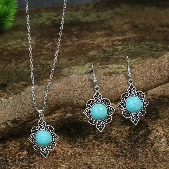 BJ Glamorous Vintage Style Floral Turquoise Gems Retro Necklace/Earring Set - Picture 1 of 7